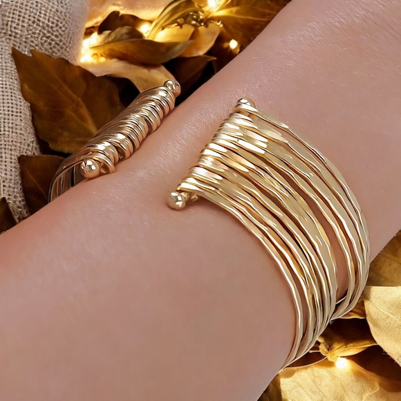Layered Brass Cuff Bracelet Indian Artisan Boho Chic Stunning Statement Piece - Picture 4 of 14